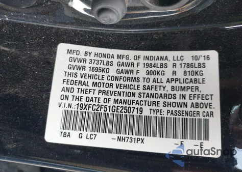 2016 Honda Civic Lx z USA, uszkodzony, nr VIN 19XFC2F51GE250719